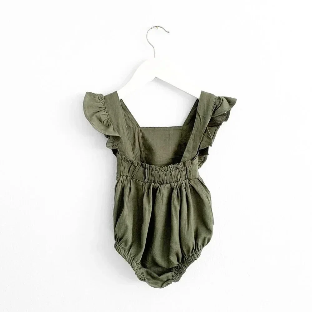 NWT Pretty Baby Girls Linen Romper Bubble Bohemian Boutique Olive Green 6-9M